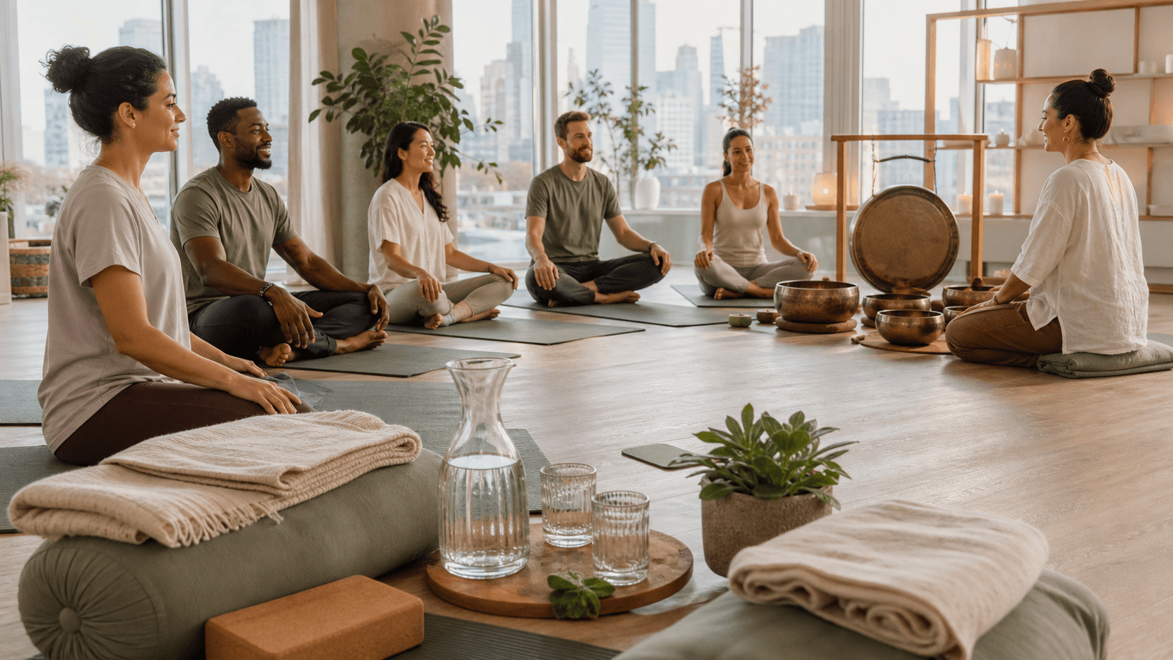 Serene studio with people lying on yoga mats as crystal singing bowls glow in soft candlelit, warm tones.