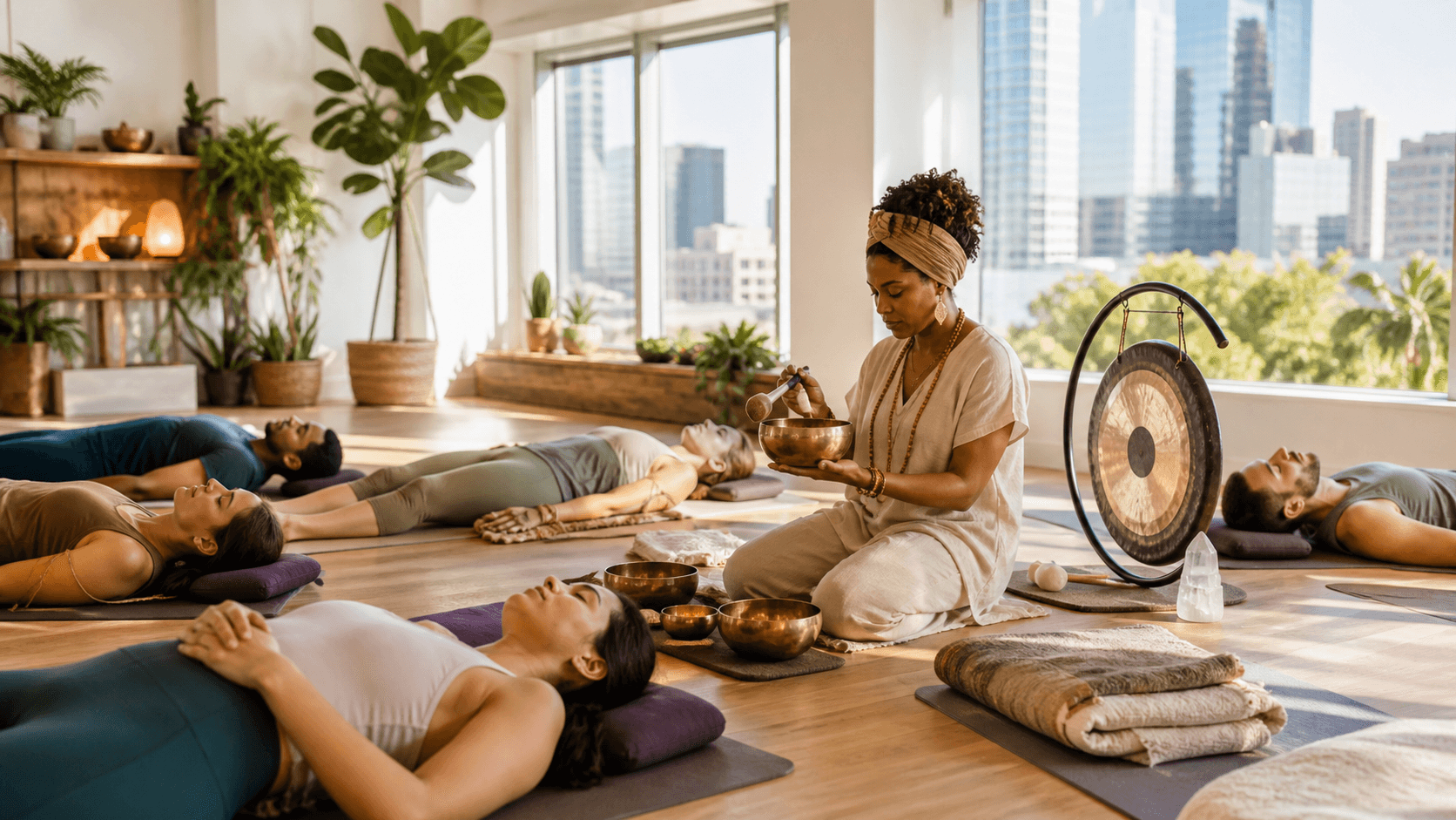 Glowing crystal bowls arranged on a wooden floor in a softly lit meditation room with purple accents.