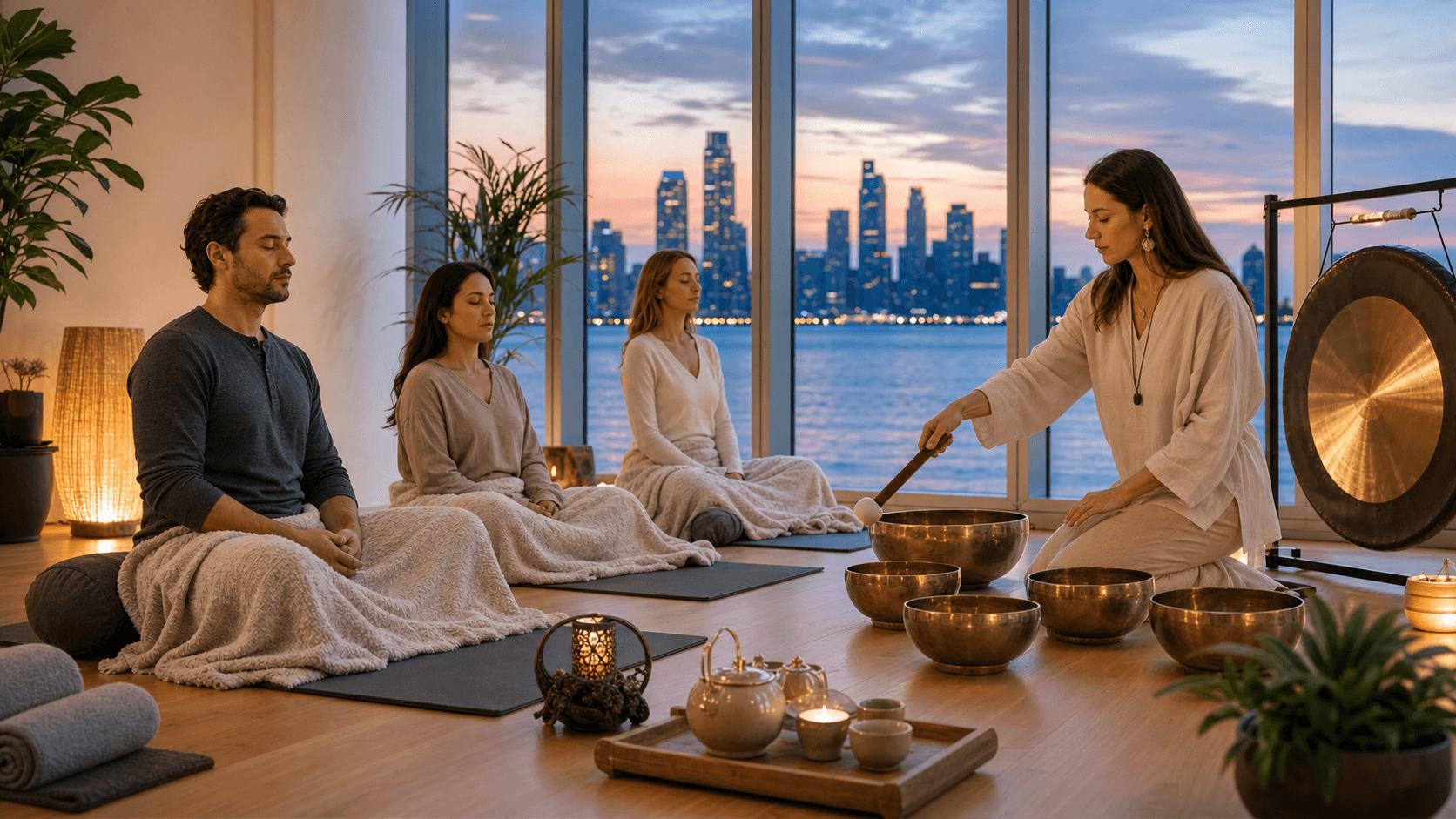 Soft candlelit room with singing bowls on a mat, warm amber glow and blurred city lights through a window.