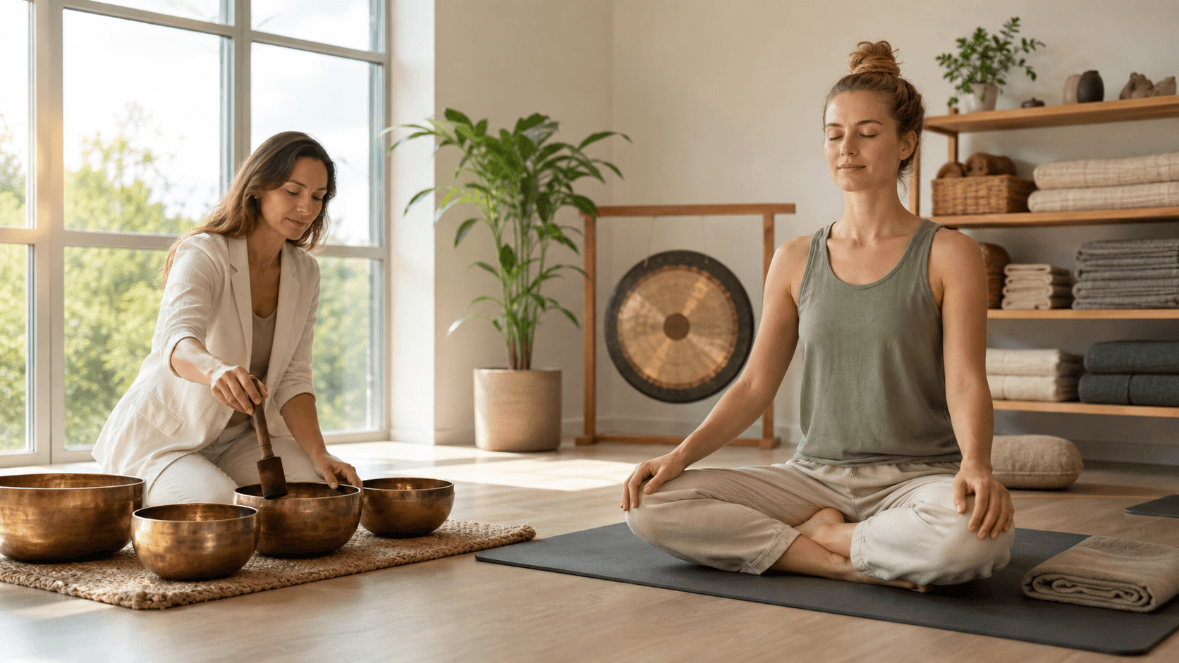 Glowing singing bowls and a meditation cushion on a calm blue gradient background with soft golden light.