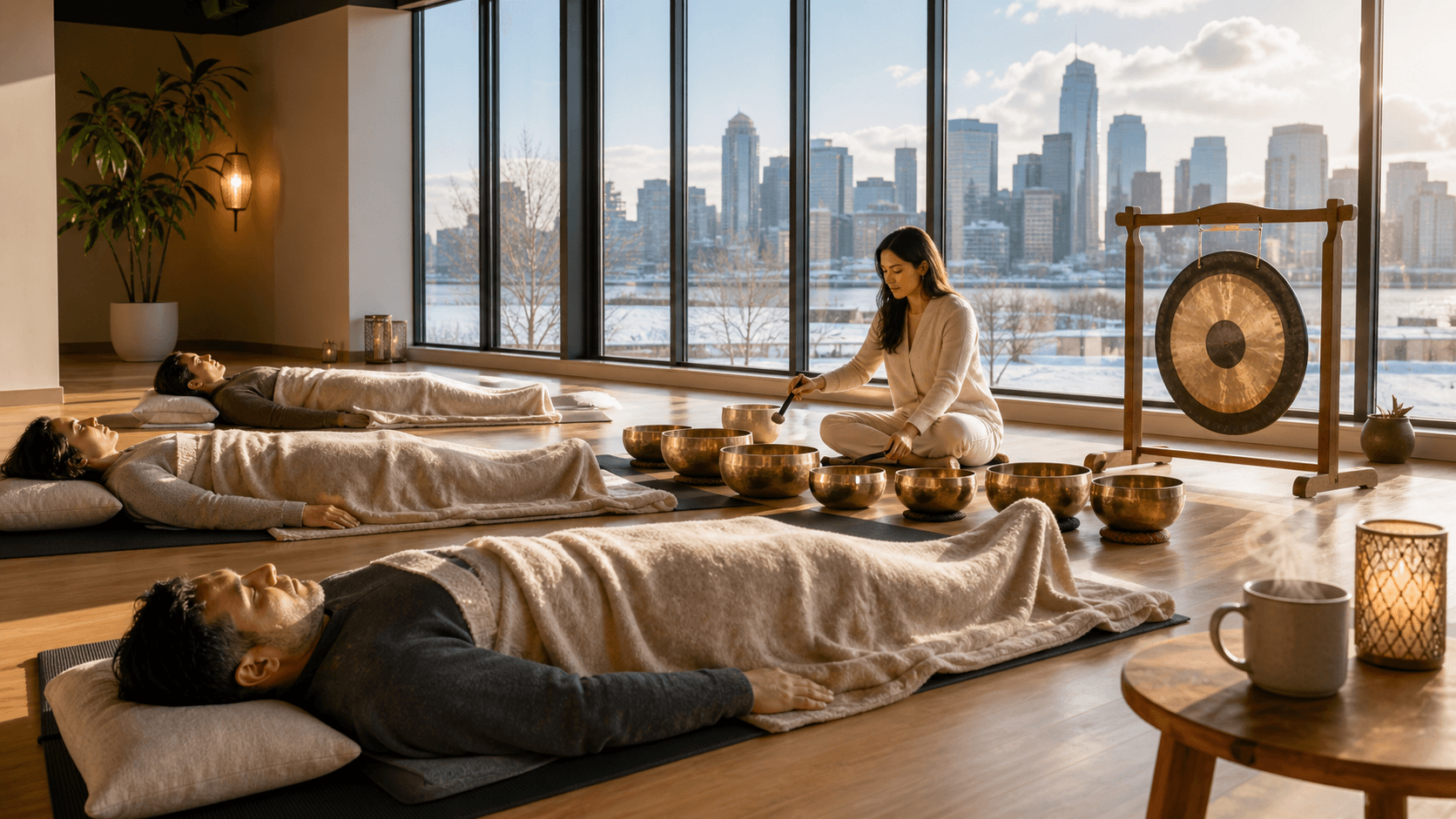 Dim studio with singing bowls on a mat, soft candlelight, and a person lying under a blanket amid warm tones