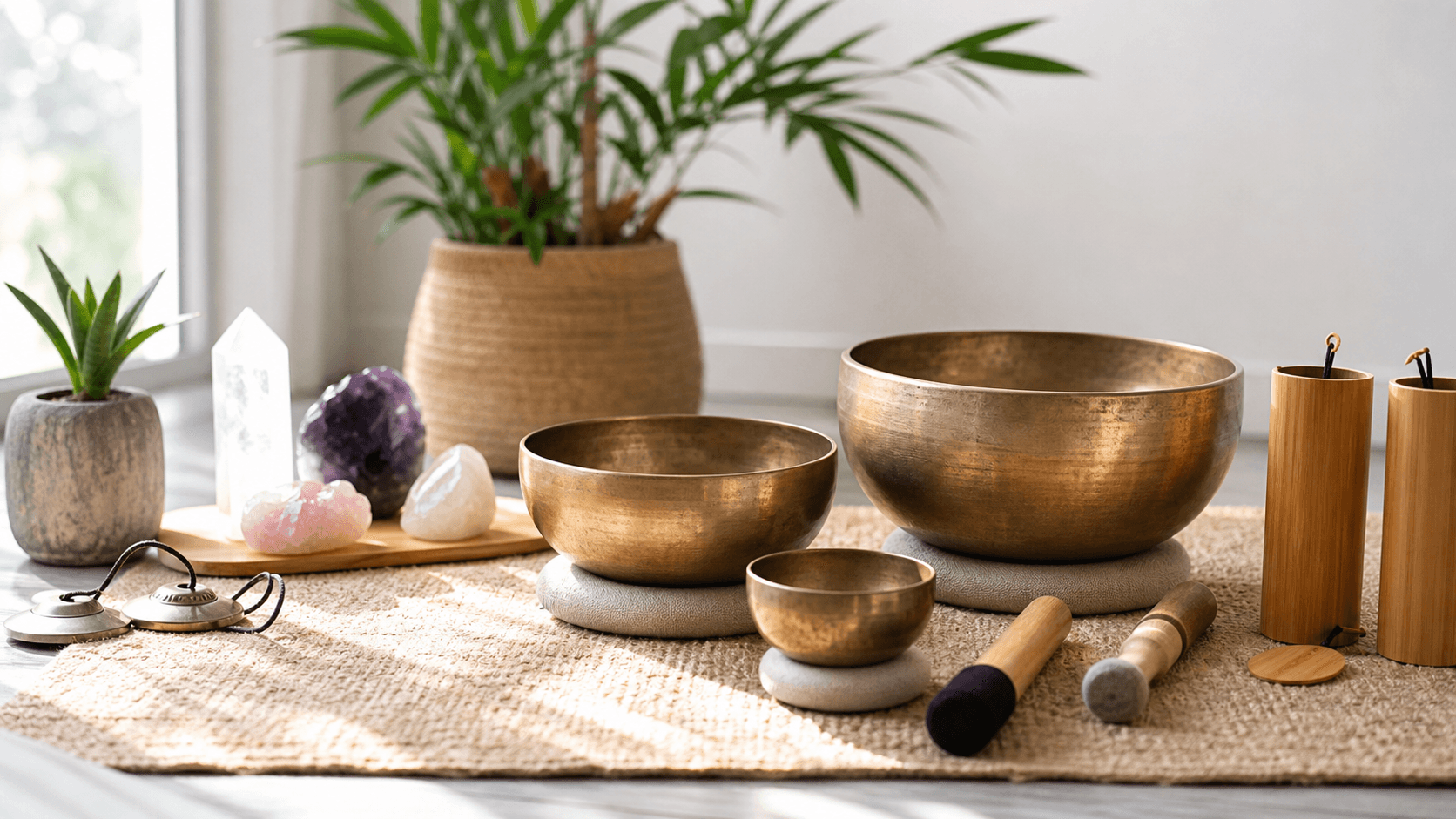 Serene room with a person lying on a mat as crystal singing bowls glow in warm, soft ambient light.