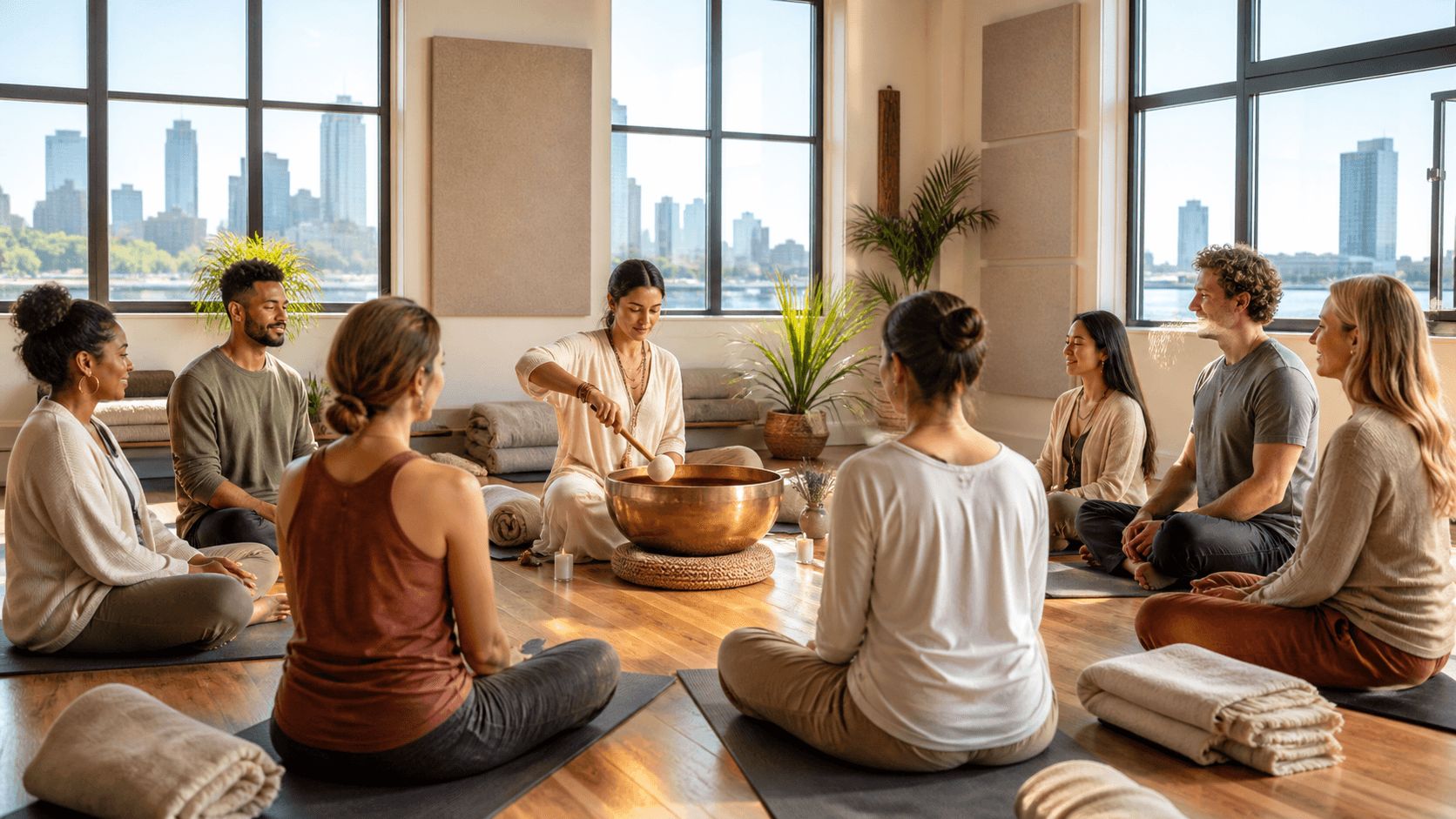 Sunlit studio with yoga mats arranged in a circle around crystal singing bowls and soft cushions.