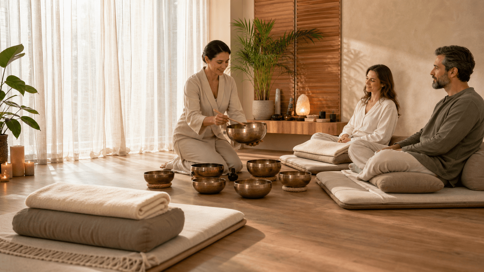 Two people lying on yoga mats as crystal singing bowls glow in warm light in a calm studio.