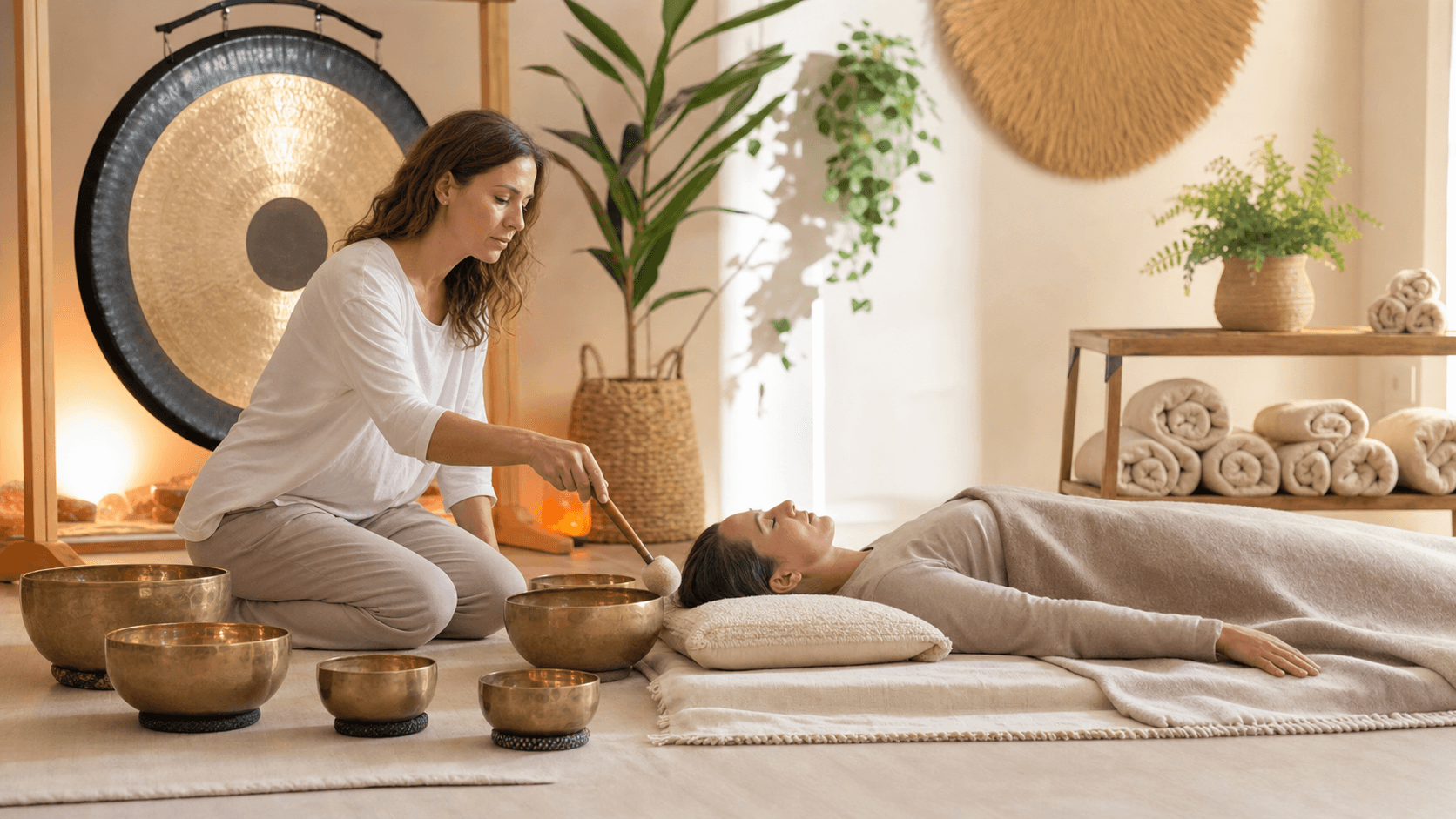 Serene pastel scene with singing bowls on a yoga mat, soft candlelight and warm glow in a cozy room.