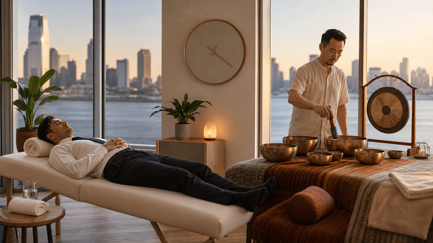 Cozy studio with a yoga mat, crystal singing bowls and candles, warm sunset light through a city window.