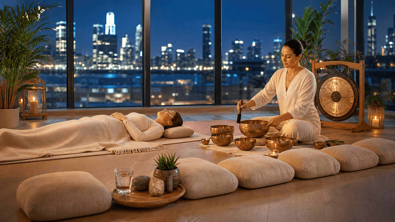 Cozy dim room with glowing candles, yoga mats, and crystal singing bowls under soft blue-purple light.