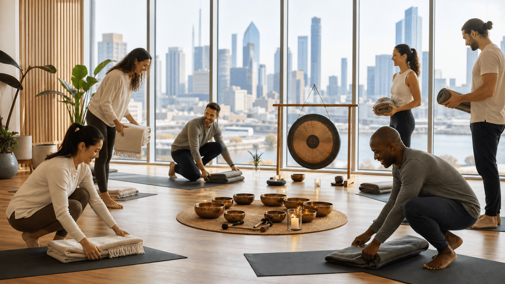 Sunlit studio with coworkers on yoga mats as crystal bowls and warm candles create a calming circle.