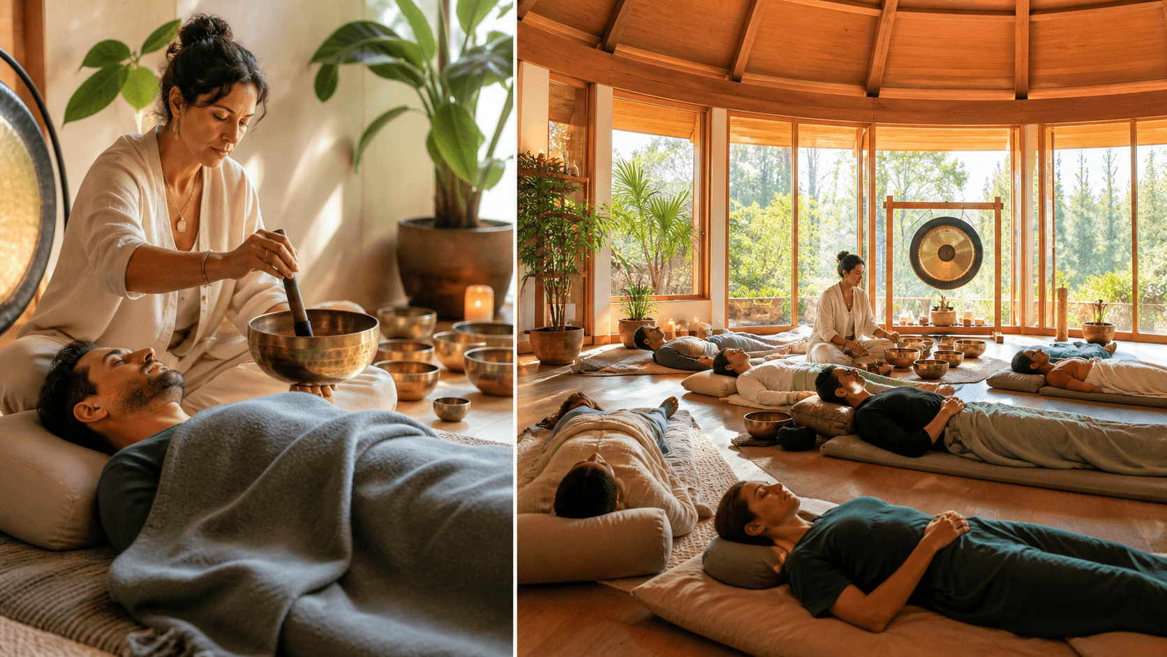 A serene woman relaxes beside crystal singing bowls in a softly lit room with warm golden accents.
