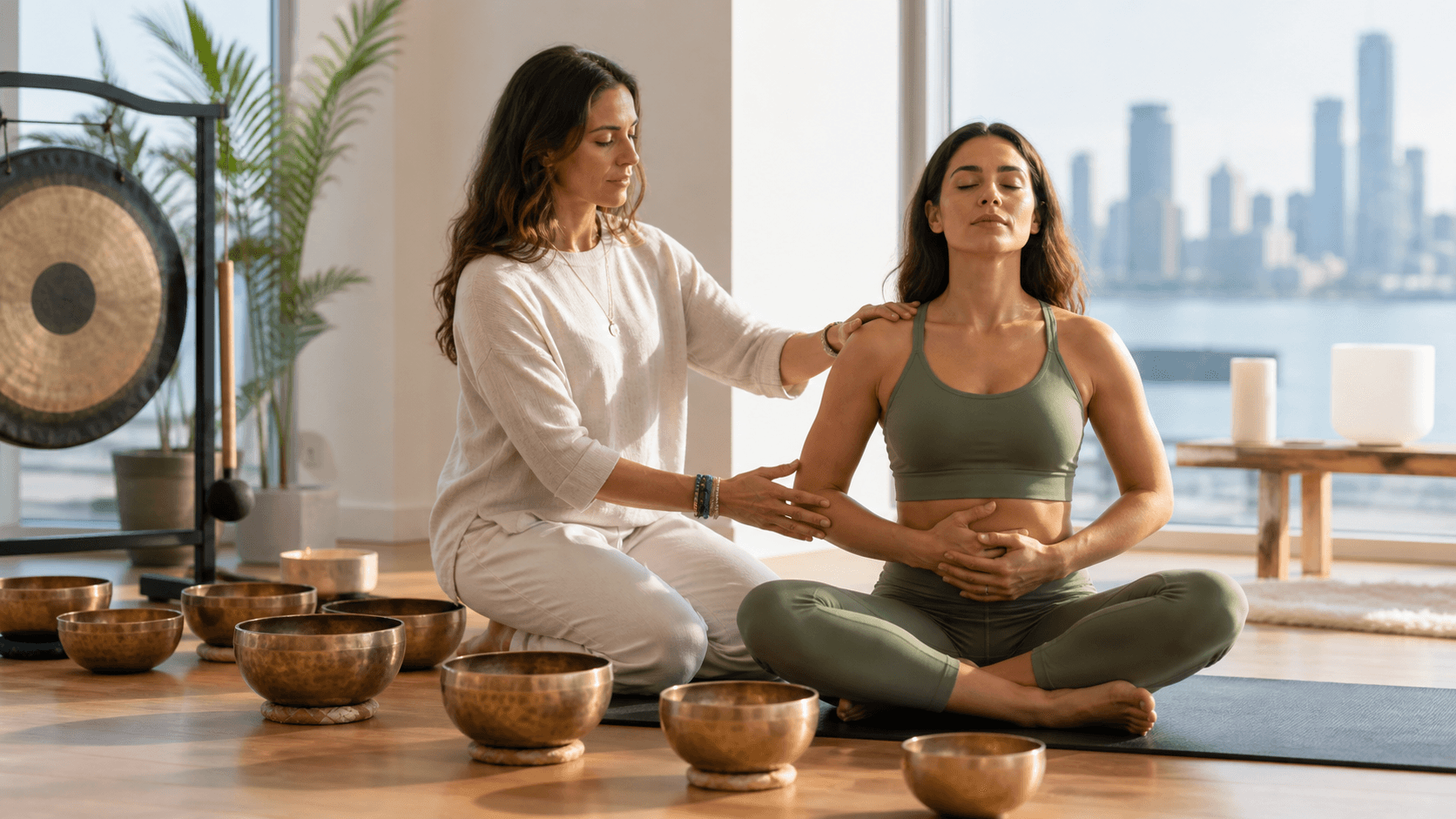 Soft-lit studio scene with a person lying on a mat as crystal singing bowls glow in warm blue and gold hues.