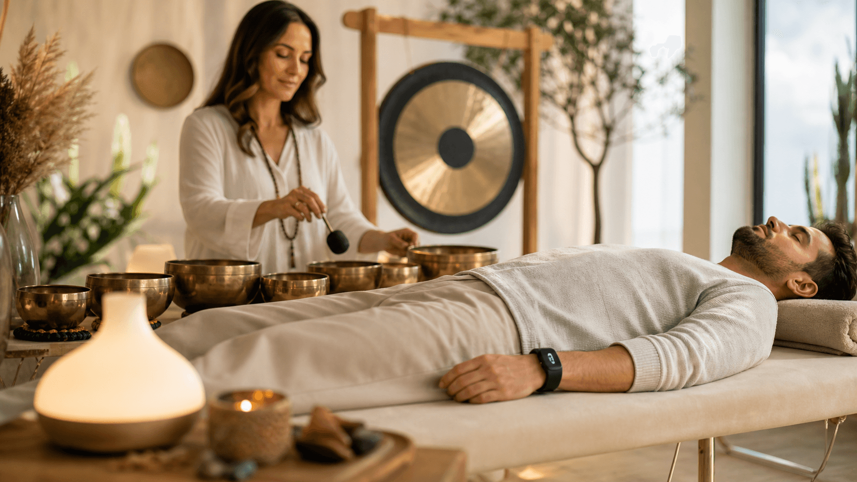 Serene room with a person lying on a mat, surrounded by golden singing bowls in soft warm light.