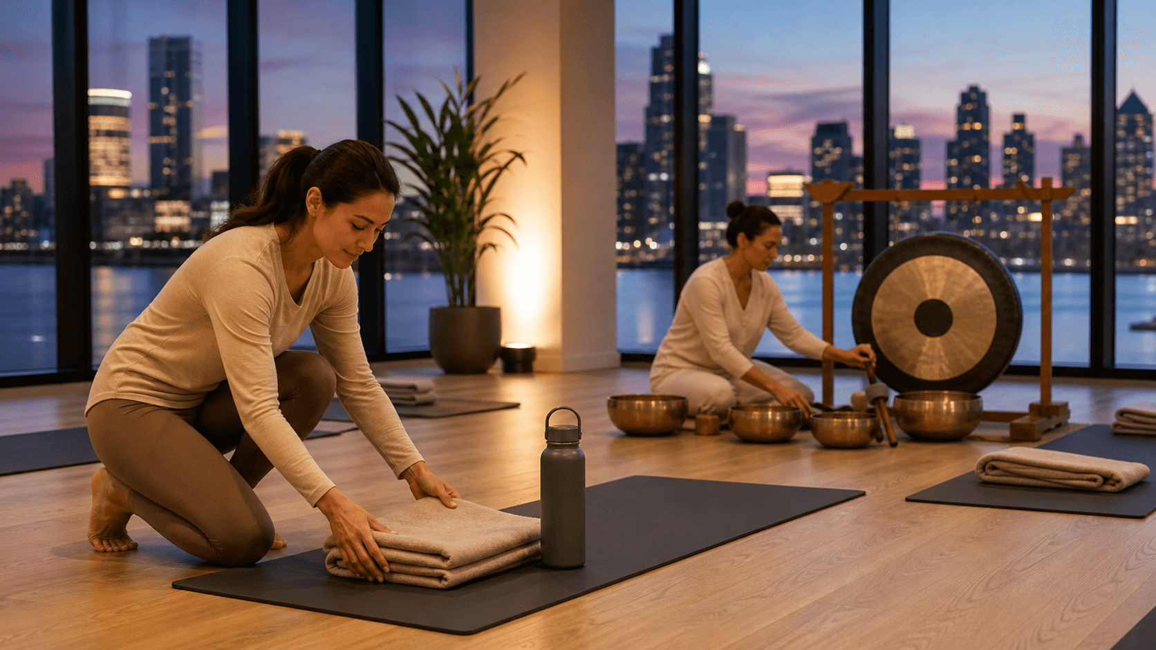 Soft-lit yoga mats and singing bowls in a cozy studio, warm sunset tones through large windows.