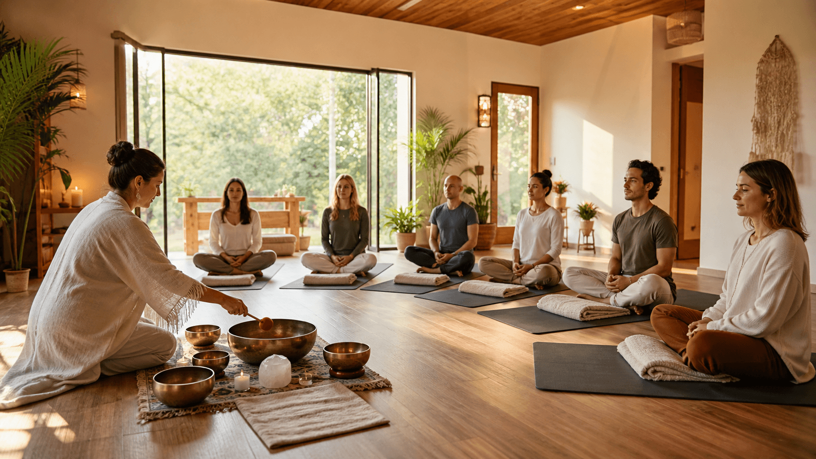Sunlit wellness studio with people reclining on mats around crystal singing bowls and soft neutral decor