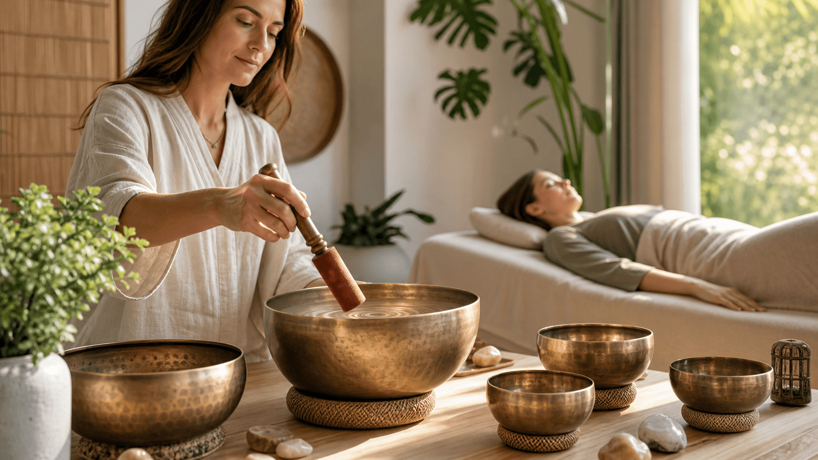 Golden singing bowls on a wooden table, soft candlelight glow, with gentle bokeh in a warm, serene backdrop