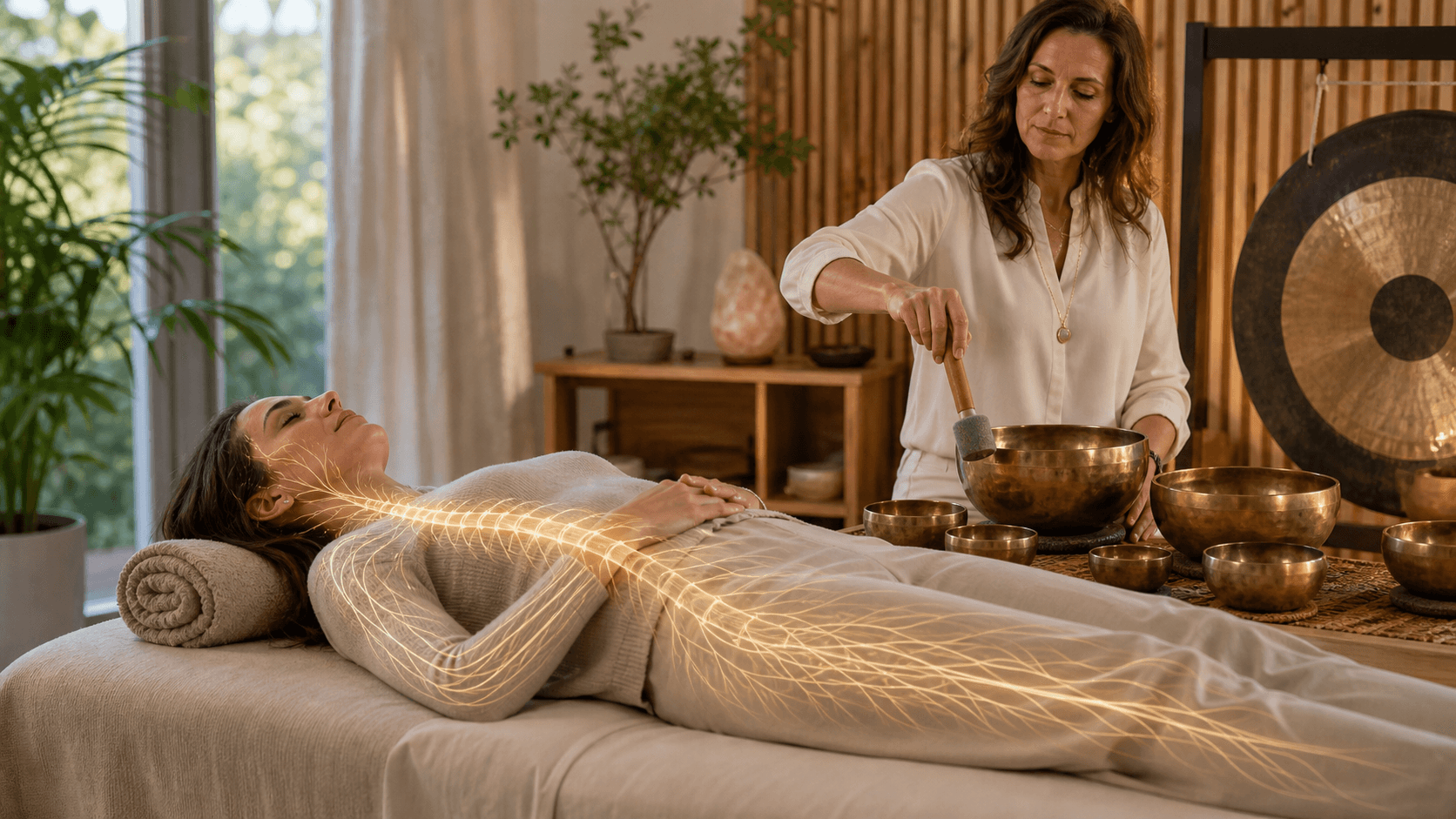 Person lying on a mat under soft blue light as glowing sound waves ripple overhead in a calm, minimalist room