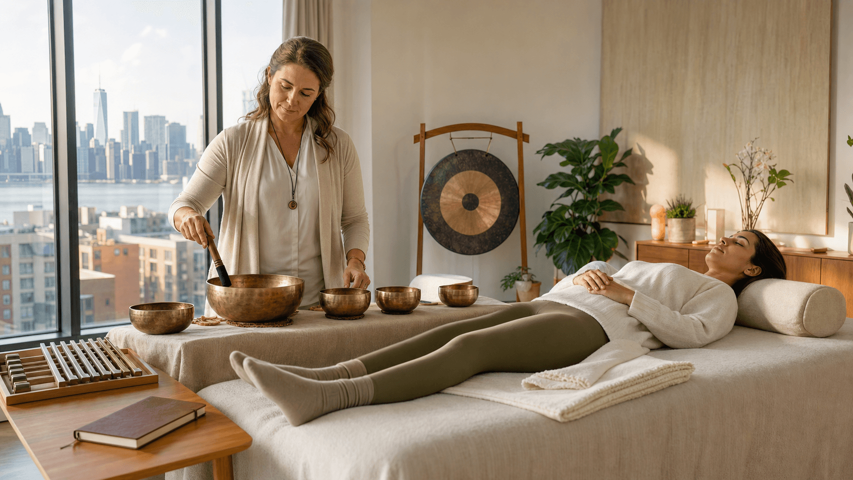 Serene studio with singing bowls and gongs on a mat, warm golden light, soft bokeh, and muted earth tones.