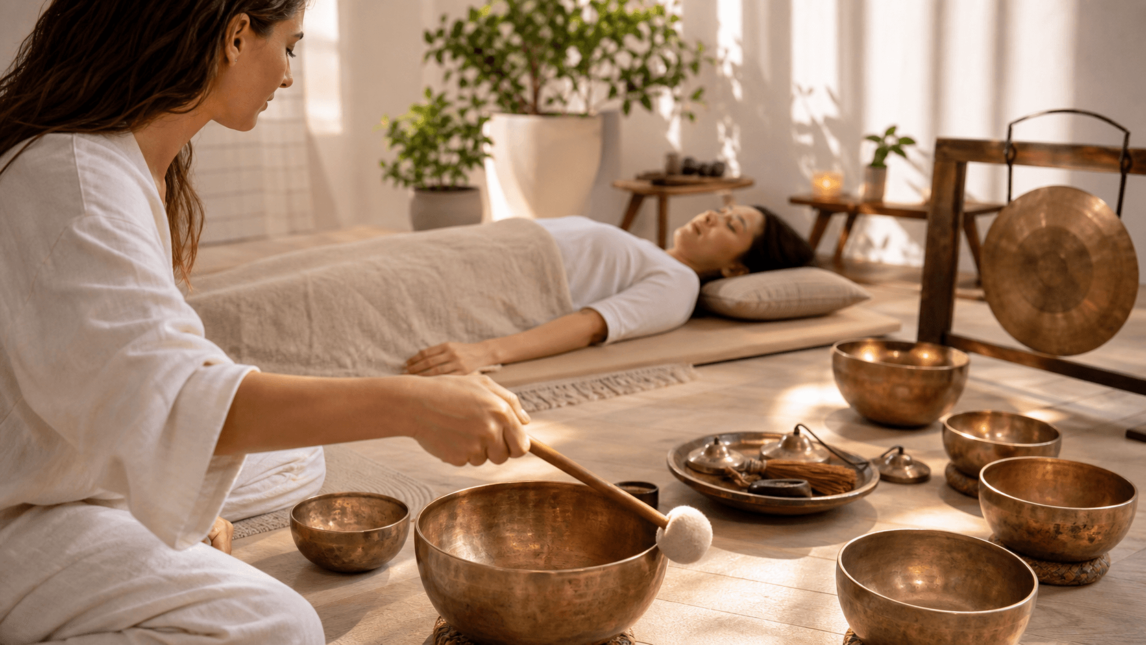 Person lying on a yoga mat as golden sound waves ripple from singing bowls in a dim, calming room