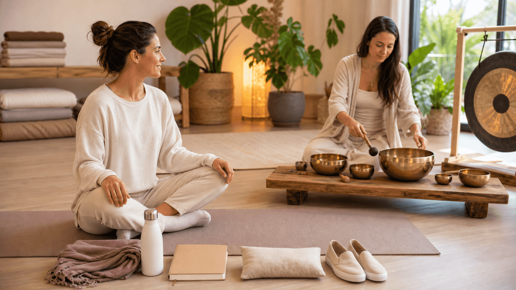 Serene room with yoga mat, crystal bowls, folded shawl and water bottle in soft natural light.