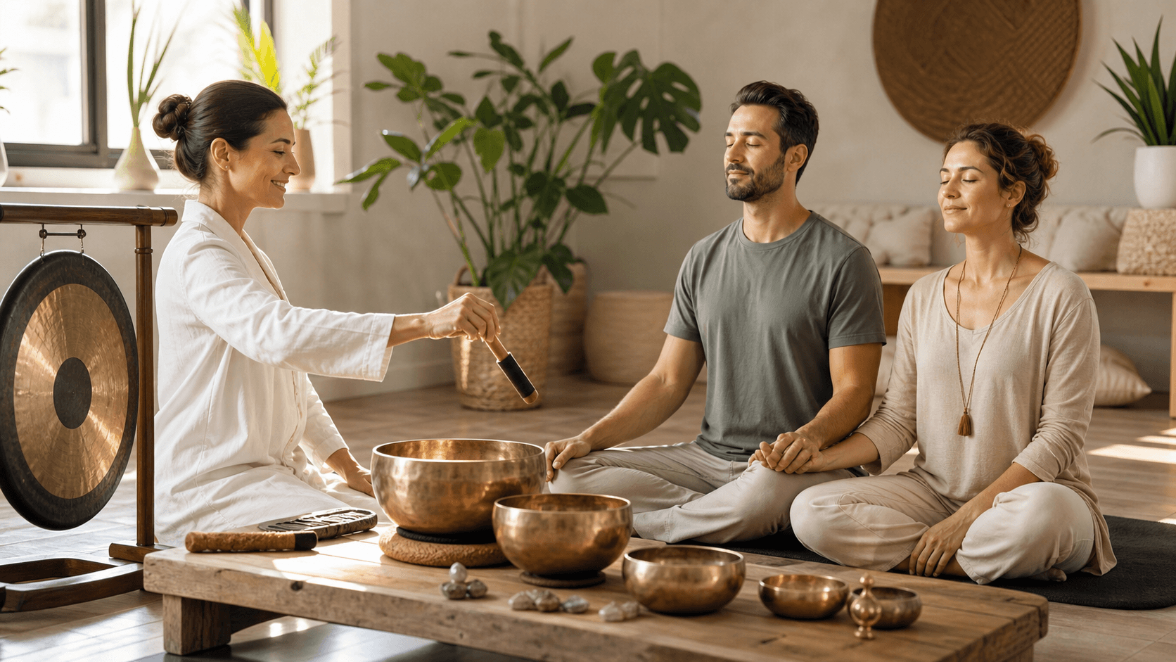 Serene couple sitting cross‑legged by glowing sound bowls in warm candlelight, soft purple and gold tones.