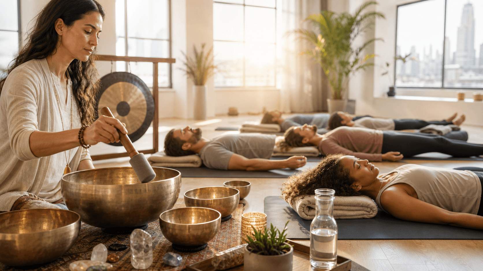 Soft-lit studio with yoga mats and singing bowls in the foreground, warm beige tones and calm, minimalist decor