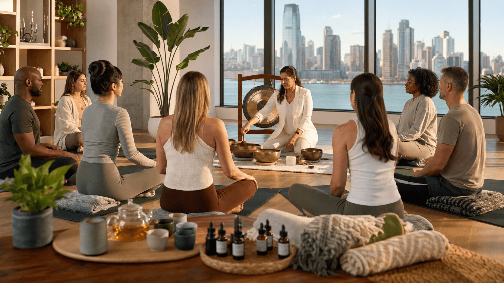 Soft pastel illustration of a Jersey City skyline above a diverse crowd doing yoga in a sunlit park.