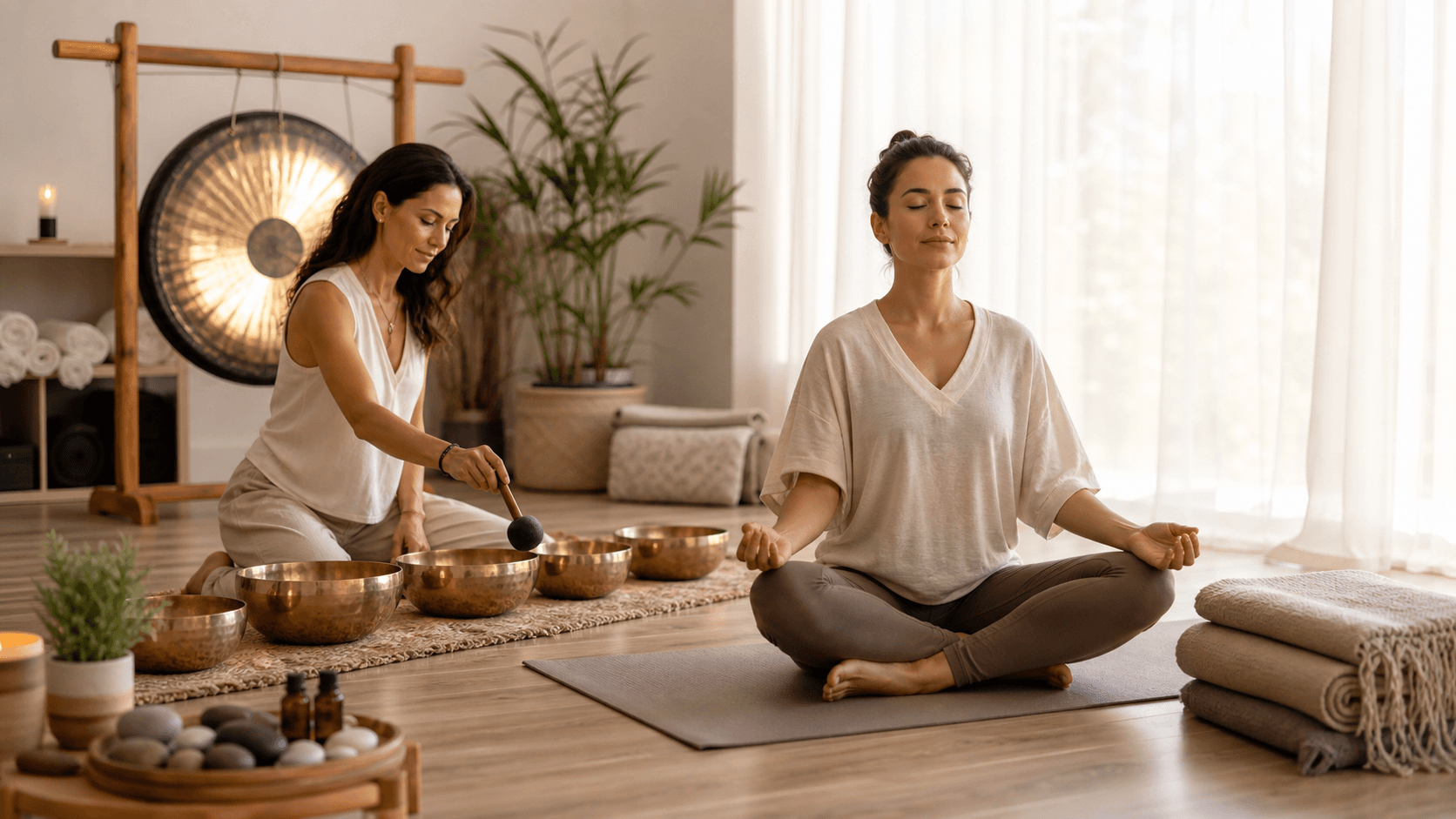 Serene room with a person lying on a mat as crystal singing bowls glow in warm, soft light.
