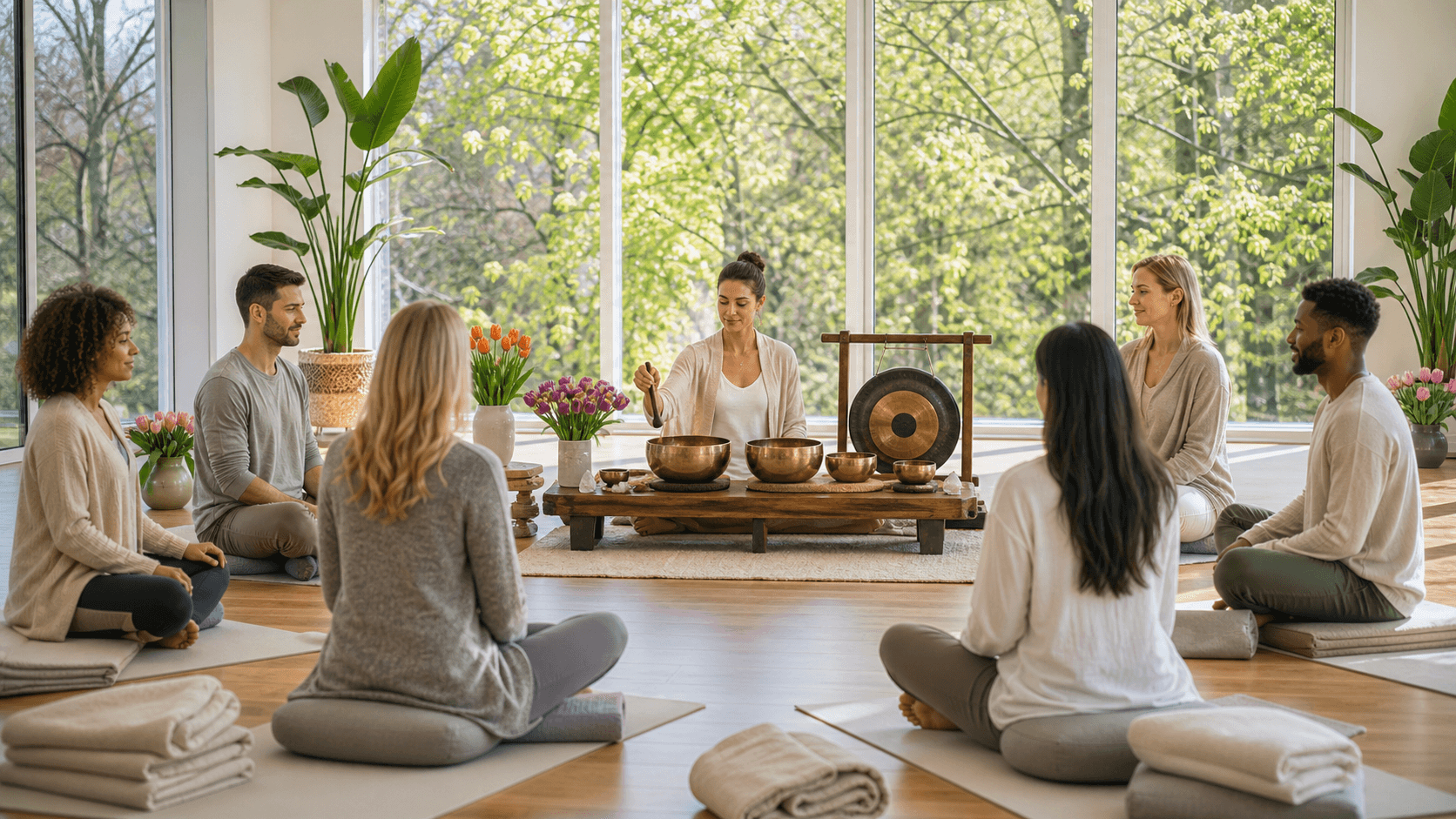 Sunlit studio with people lying on mats as a practitioner plays singing bowls, soft pastels and spring greenery nearby